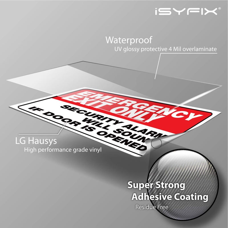 iSYFIX Emergency Exit Only Stickers â€“ 2 Pack 10x7 Inch â€“ Premium Self-Adhesive Vinyl, Laminated UV, Weather, Scratch, Water & Fade Resistance, Security Alarm Will Sound if Door is Opened Signs - Image 3
